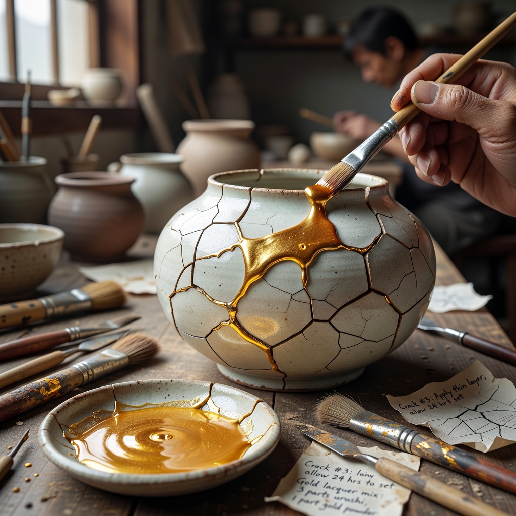 Applying gold lacquer mixture to ceramic cracks with a fine brush