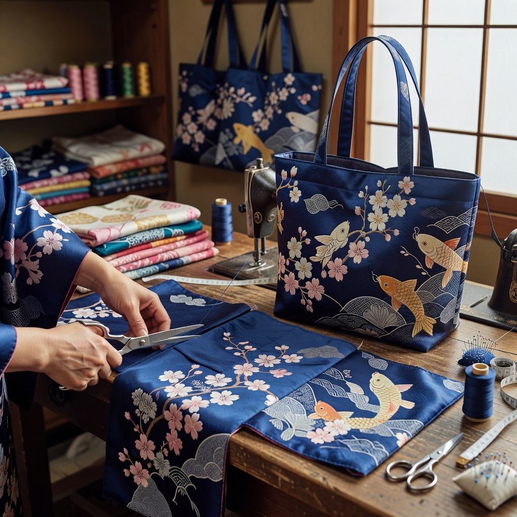 Cutting vintage kimono fabric on a cutting mat for a tote bag