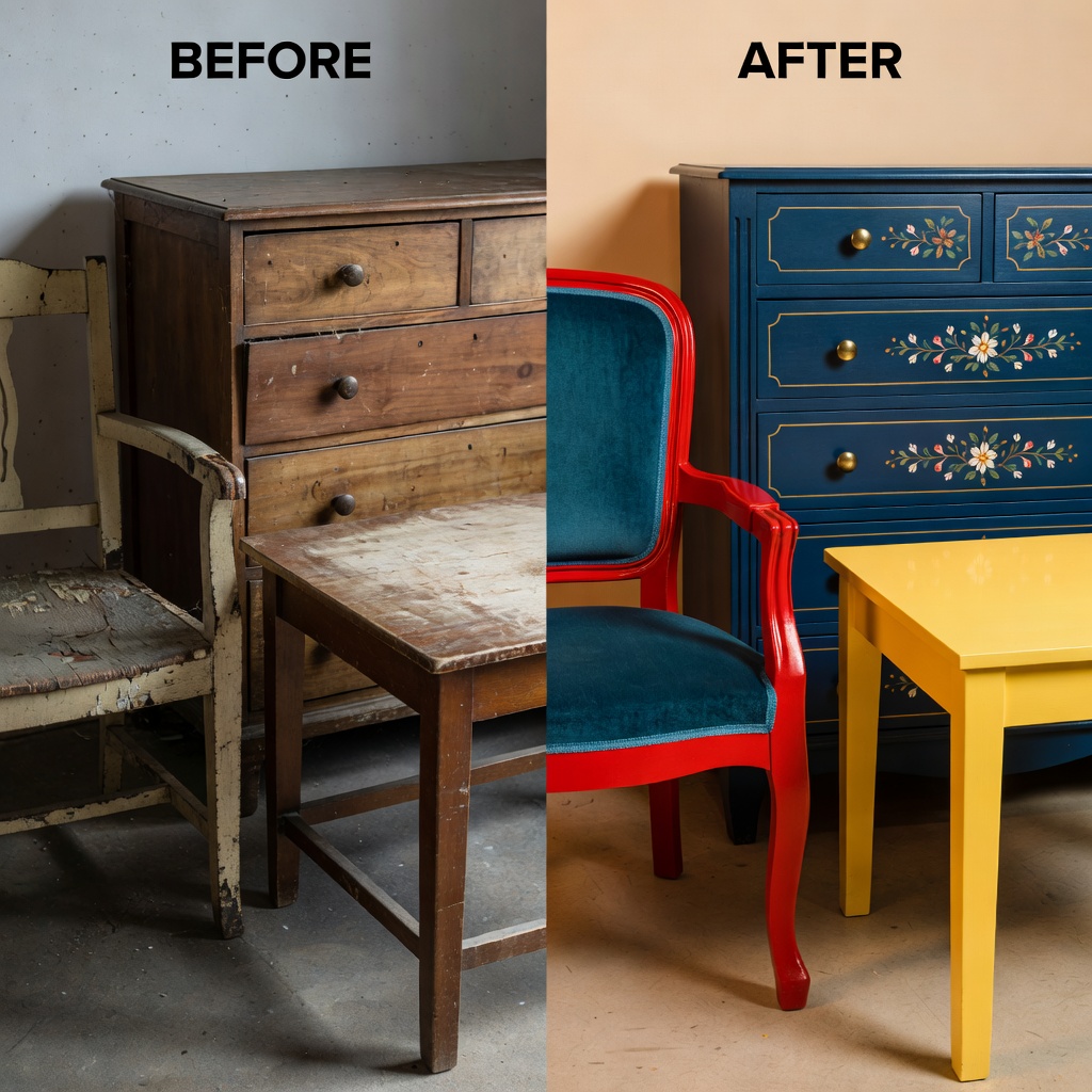 Side-by-side before and after of a worn wooden table now painted in warm sage green