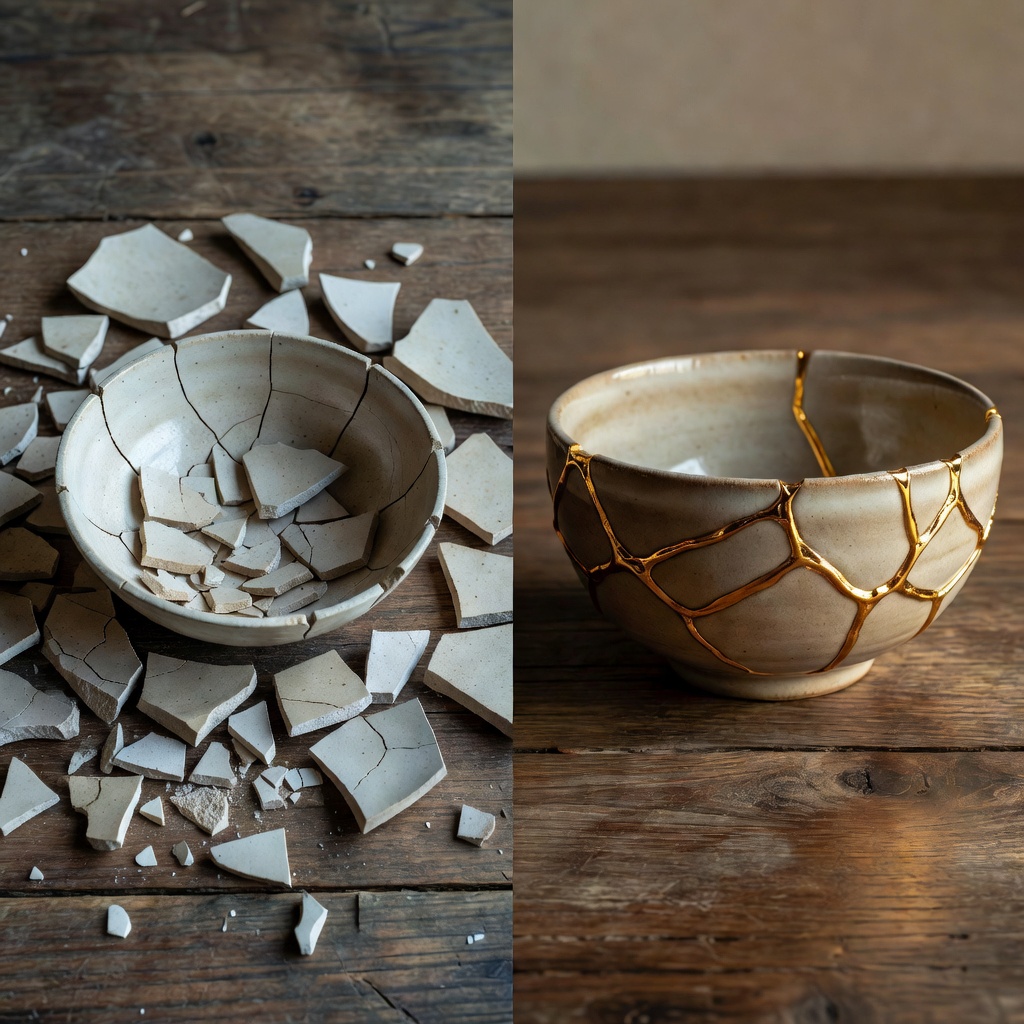 Cracked ceramic bowl being repaired with gold kintsugi lacquer