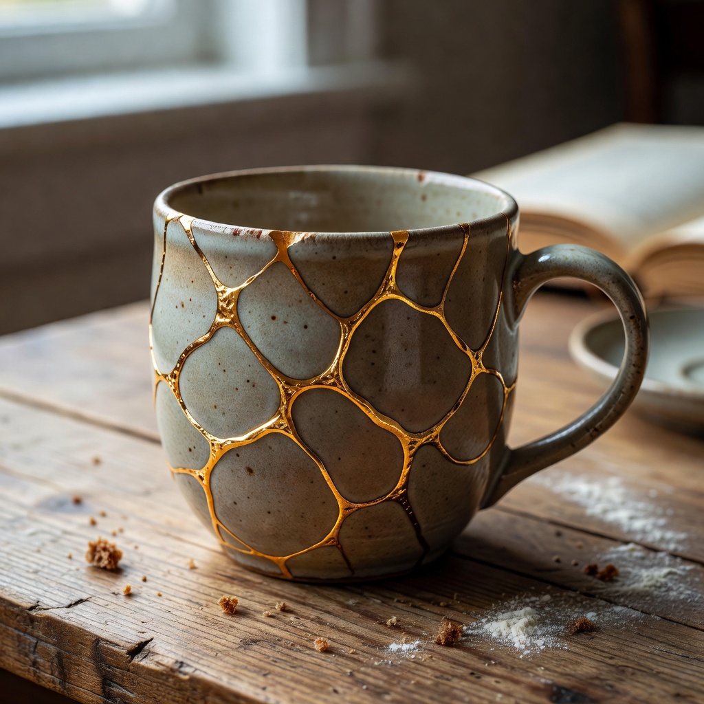 A kintsugi mug with elegant gold seam patterns
