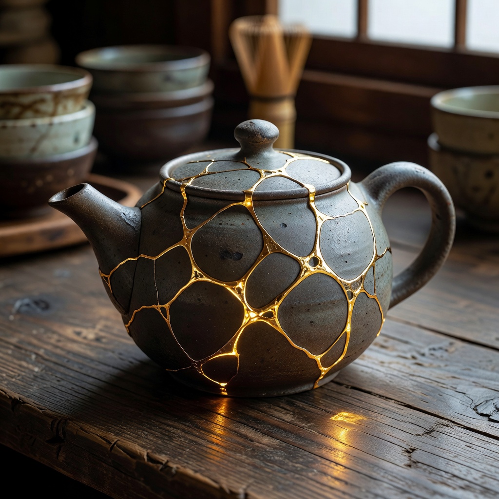 The same teapot after beautiful kintsugi gold repair, glowing with visible golden seams