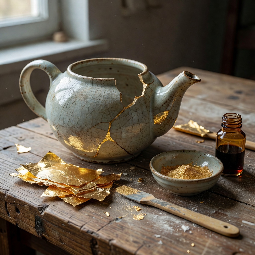 A cracked teapot before kintsugi repair, showing its original beauty before restoration