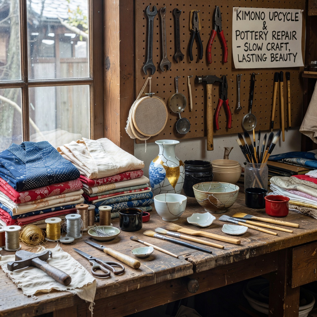 A bright, organised upcycling workshop with fabrics, tools, and ceramics